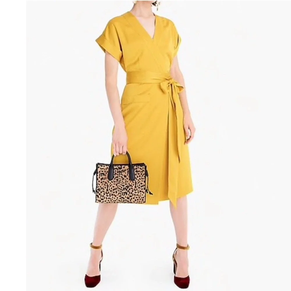 J. Crew Short Sleeve Wrap Dress in Satin Crepe Gold V Neck Front Pocket Size S